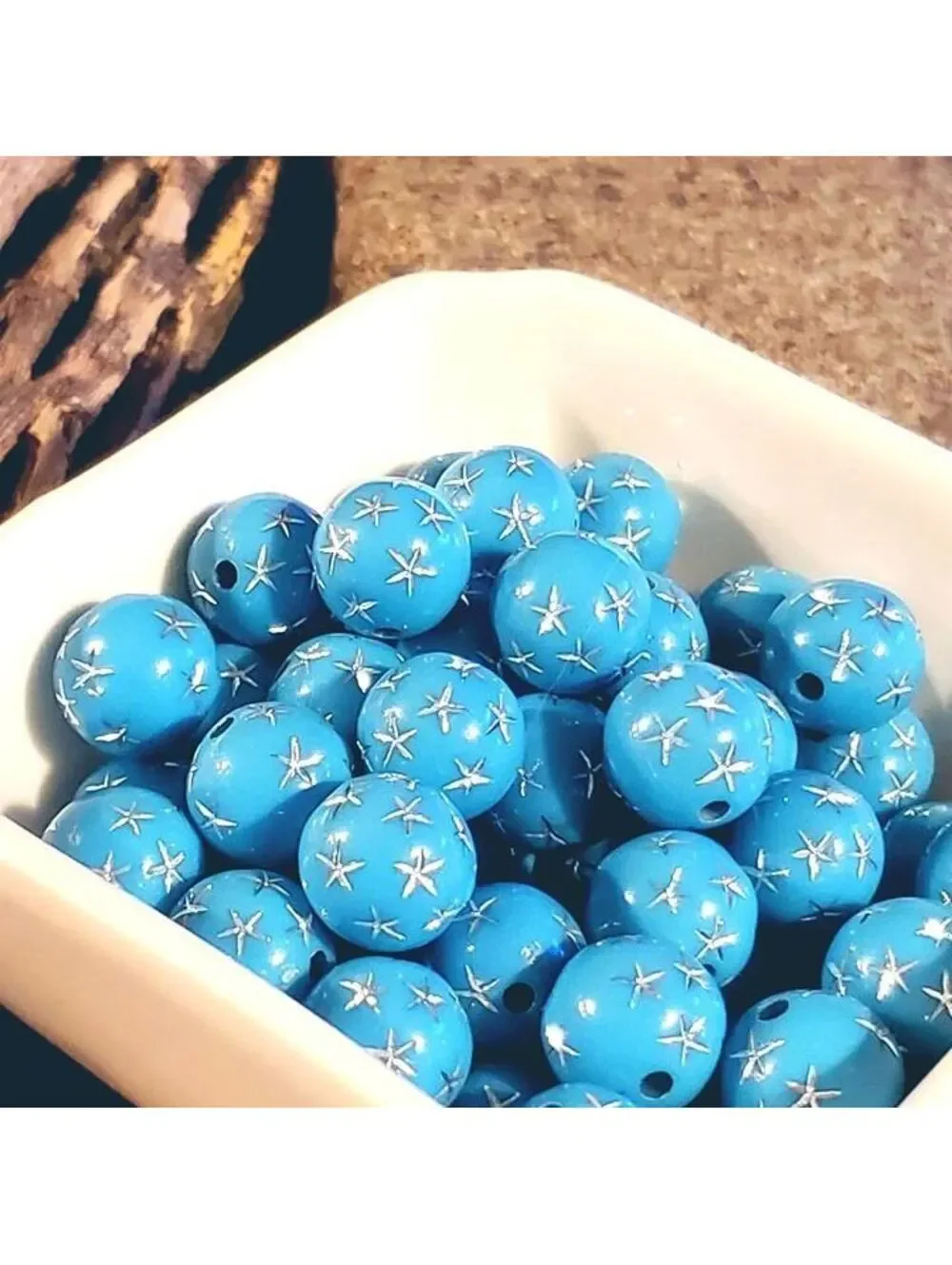 10 Vintage Retro Turquoise Silver Stars 12mm Round Acrylic Shabby Chic Beads